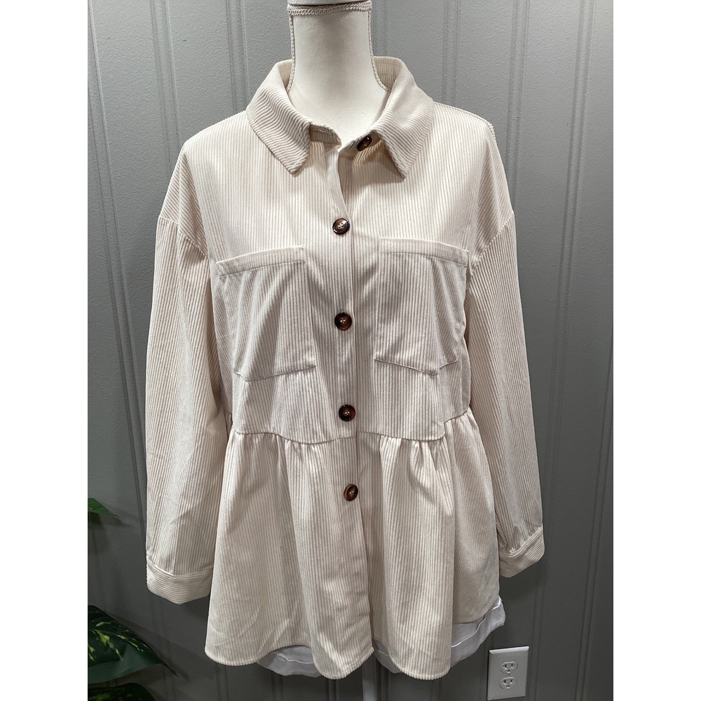 Bloomchic Corduroy Peplum Shacket Cream Button Front Long Sleeve Women's Size 10